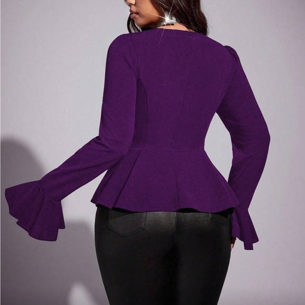 Elegant Long Sleeve Flare Peplum Top Blouse Shirt Green - Picture 7 of 16